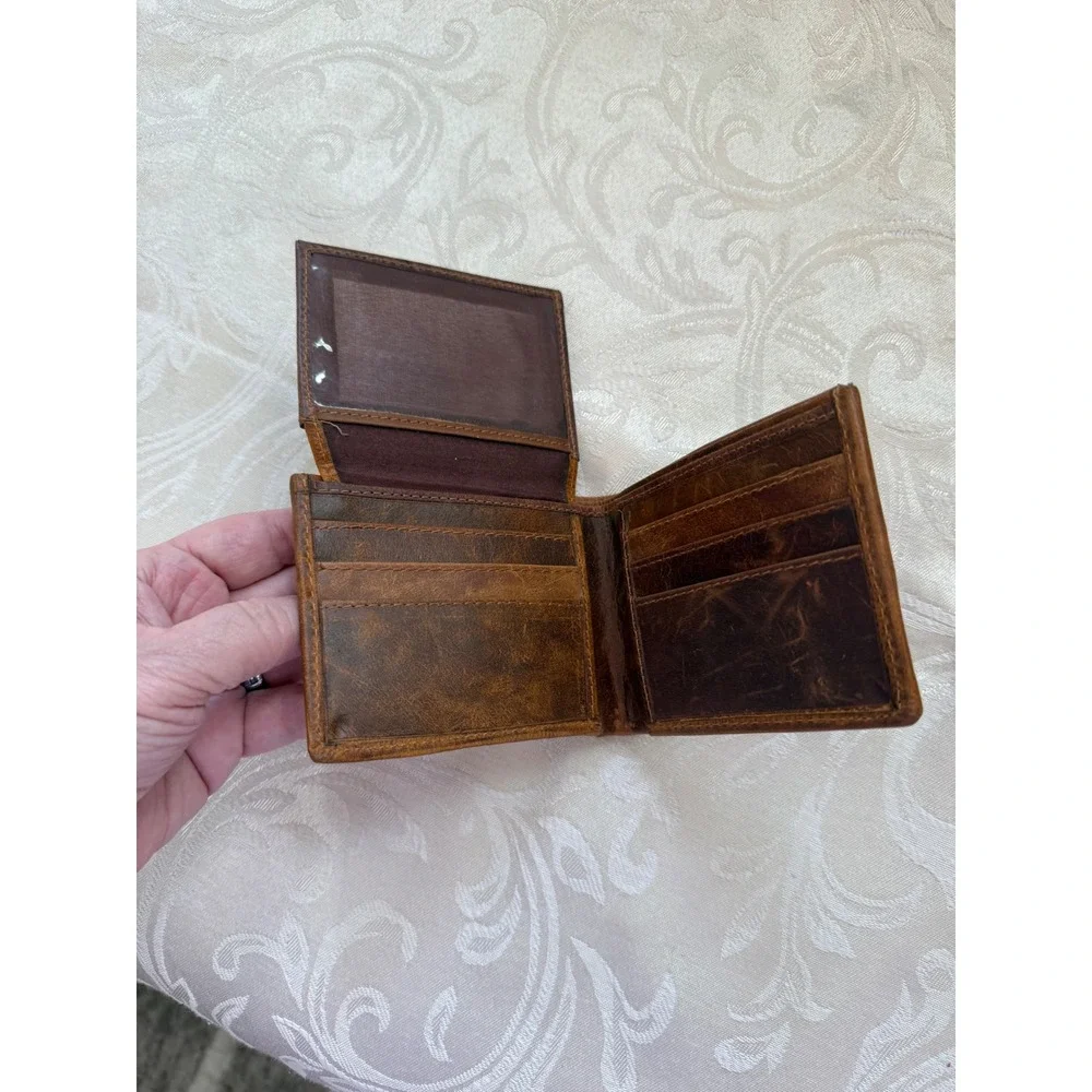 Western Cowhide Hair On Hide Bifold Wallet Distressed Brown Leather Mens